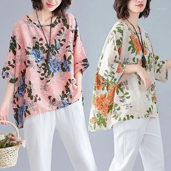 

fashion printing half sleeve o-neck vintage t-shirt women casual loose big size sreet summer floral ladies 2021 bat tee women's, White