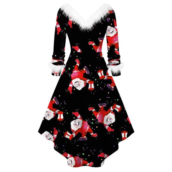 

casual dresses black big swing print vintage christmas dress women winter long sleeve v neck year party plus size s~3xl, Black;gray