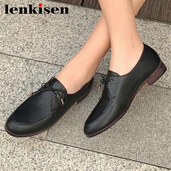 

dress shoes lenkisen 2021 natural leather round toe low heel butterfly-knot korean street pretty girls leisure lace up women pumps l2f8, Black