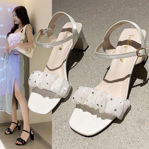 

sandals clear heels female sandal low-heeled shoes with strap 2021 women's girls rhinestone block high beige buckle fashion n, Black