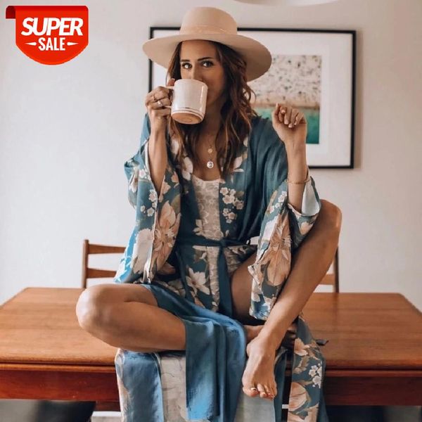 

2020 kaftan bohemian printed summer dress long kimono tunic women plus size beach wear swim suit cover up robe de plage a140 #ic5b, Black;gray