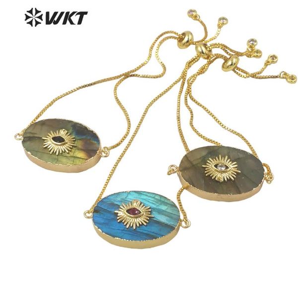 

link, chain wt-mb120 wholesale fashion gold double loops natural labradorite stone bracelet lady adjustable box bracelets, Black