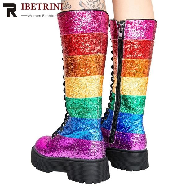 

boots ribetrini mixed colors fashion women shoes lace up winter platform design mid calf warm plush comfy, Black