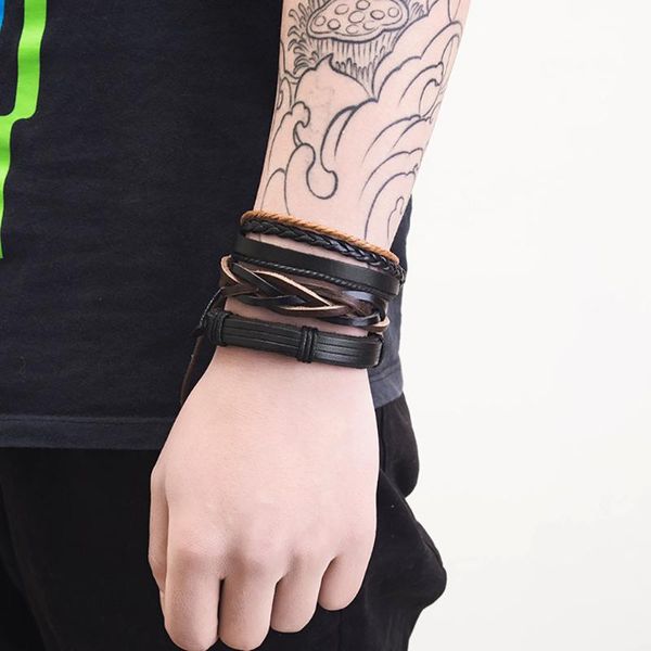 

charm bracelets 3piece black wrap woven fashion handmade men simple vintage leather bracelet set, Golden;silver