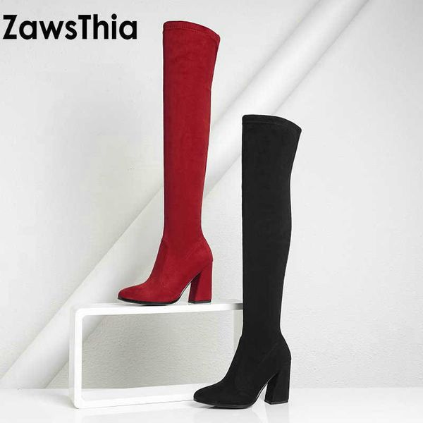 

zawsthia stretch fabric elastic pointed toe woman winter spring shoes block high heels over the knee booties women boots 210611, Black
