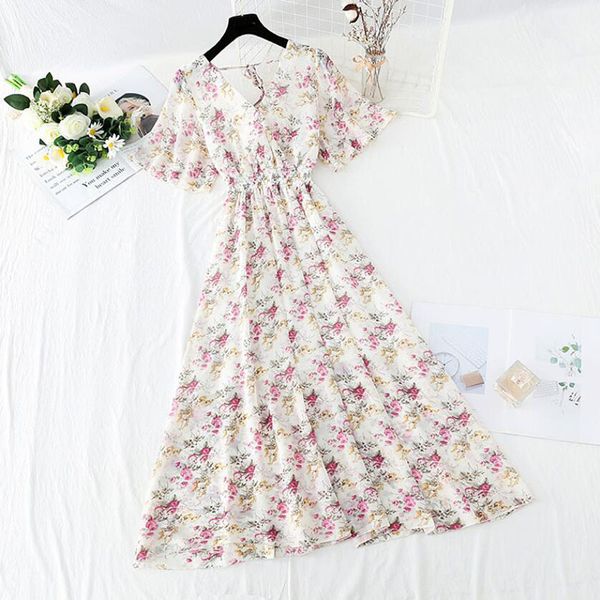 

dresses elegant summer women v-neck high waist floral print chiffon long 2021 short sleeve a-line vintage vestidos femme, Black;gray