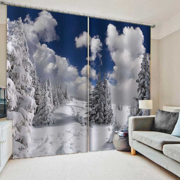 

curtain & drapes 3d snow scenery window blackout shading curtains for bedroom tree blue sky white clouds painting blinds