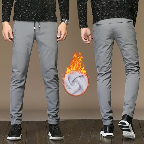 

men's pants mens fashion slim fit winter fleece elastic waist zipper warm trousers black green grey casual joggers size 29-37