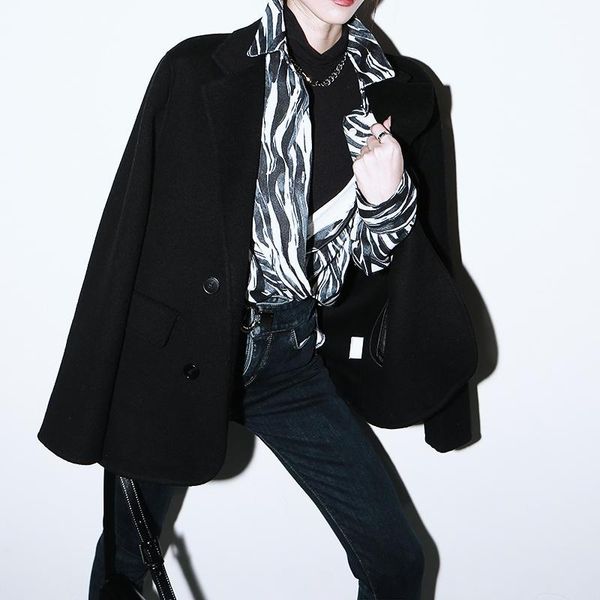 

women's wool & blends [eam] loose fit black brief temperament short woolen coat parkas long sleeve women fashion tide autumn winter 1dd