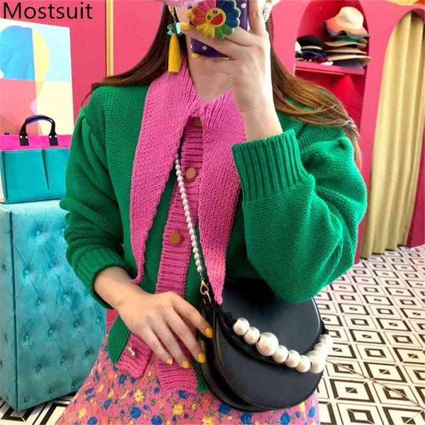 

autumn korean color-blocked sharp collar women cardigan sweater long sleeve single-breasted stylish fashion female 210514, White;black