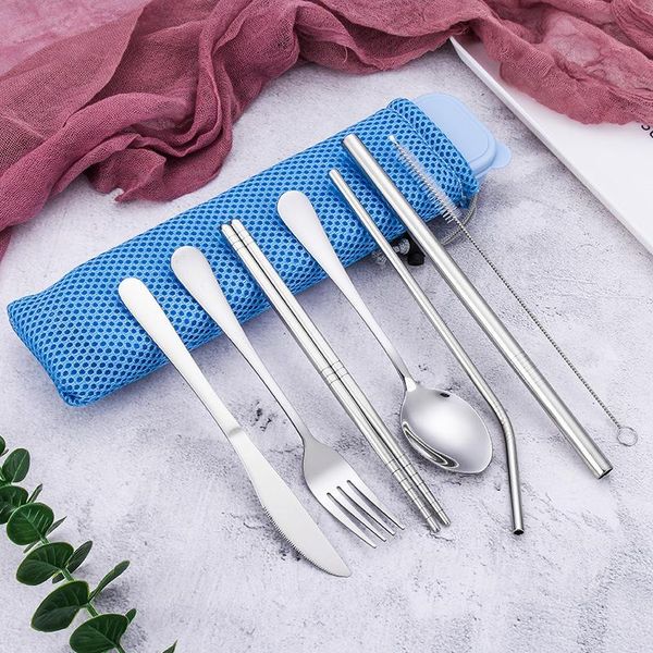 

dinnerware sets portable stainless steel set travel camping cutlery reusable spoon fork chopsticks straw with box tableware item