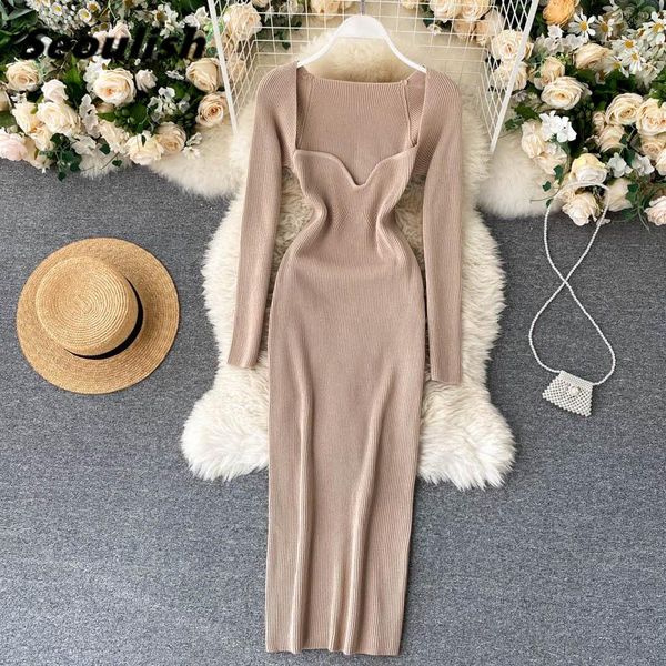 

casual dresses seoulish autumn winter 2021 deep v-neck women knitting wrap dress chic high waist long sleeve sheath bodycon midi, Black;gray