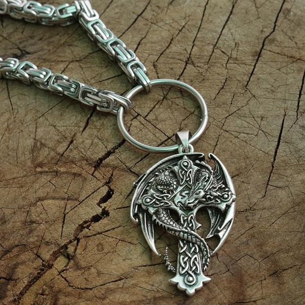

celt dragon pendant men cross necklace, guardian cross, religious jewelry with stainless steel chain chains, Silver