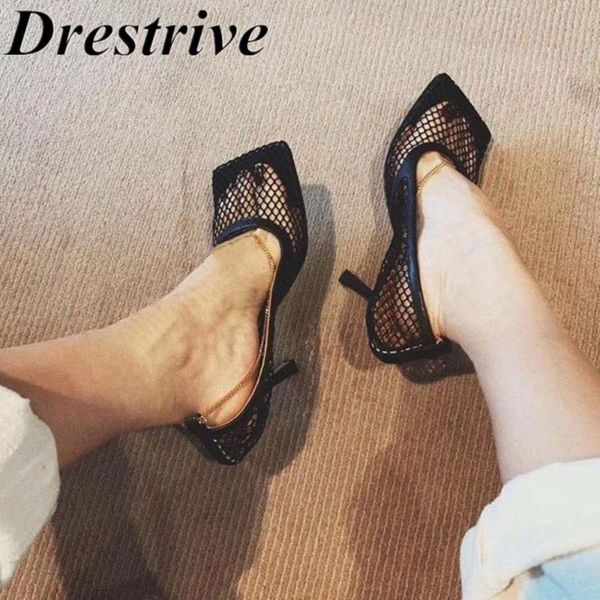 

drestrive 2021 summer women sandals air mesh thin heels 7.5 cm square toe metal chain female high heel fashion shoes black