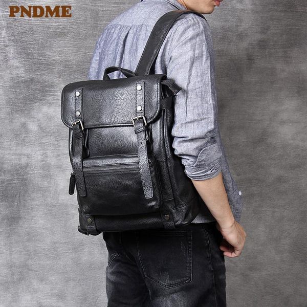 

backpack pndme casual luxury genuine leather men's black layer cowhide anti-theft travel bagpack designer lapschoolbag