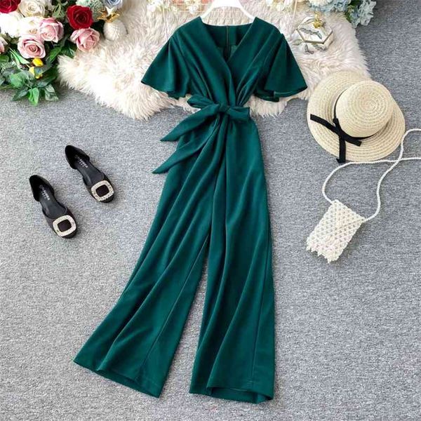 

women's v-neck jumpsuit spring autumn short sleeve drop feeling wide leg pants lacing waist straight high ml537 210506, Black;white