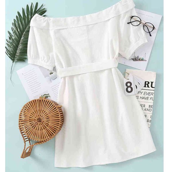 

dresses white strapless short sleeve with belt waist thin female simple single-breasted casual chic women's dress, Black;gray