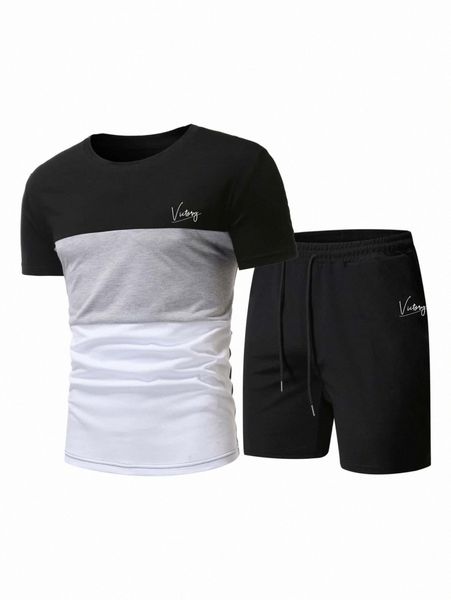 

men color-block letter graphic tee & track shorts 60y9#, Gray