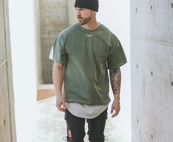 

europe style 2021 t shirt summer short sleeve men's korean round neck solid color loose large size tide brand embroidery t-shir, White;black