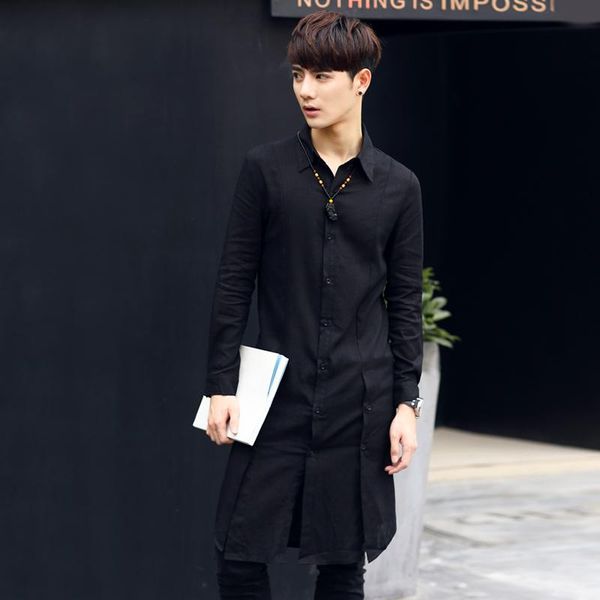 

the men long design shirt thin summer slim trench outerwear linen long-sleeve manthe singer's clothing -6xl men's casual shirts, White;black
