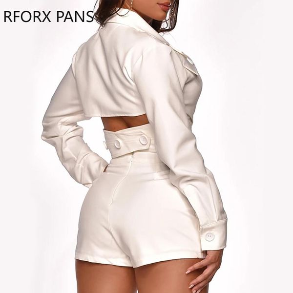 

women soild v-neck criss-cross backless with buttons shorts two piece set, White;black