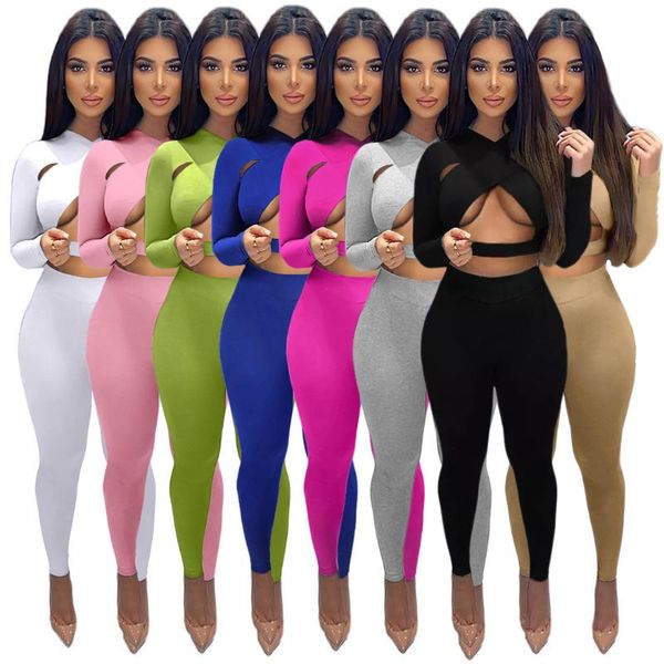 

women's two piece pants autumn cross hollow out set long sleeve crop pullovers pencil tracksuit casual sporty outfits nigh club2021, White