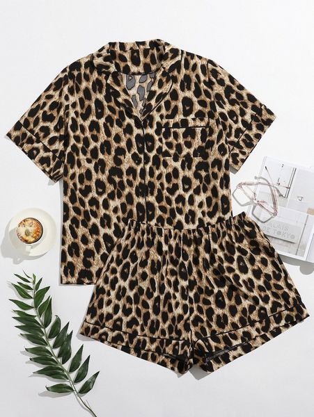 

plus leopard print pajama set w5km#, Black;white