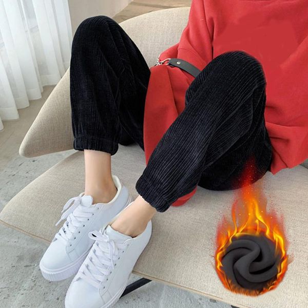 

yoga outfit winter corduroy pants women thick warm plus size elastic high waist loose pant causal plush baggy trousers with pocket