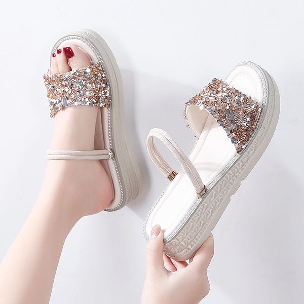 

sandals the latest classic leather fairy wind diamond piece buckle women's thick-soled increased combination slippers, Black