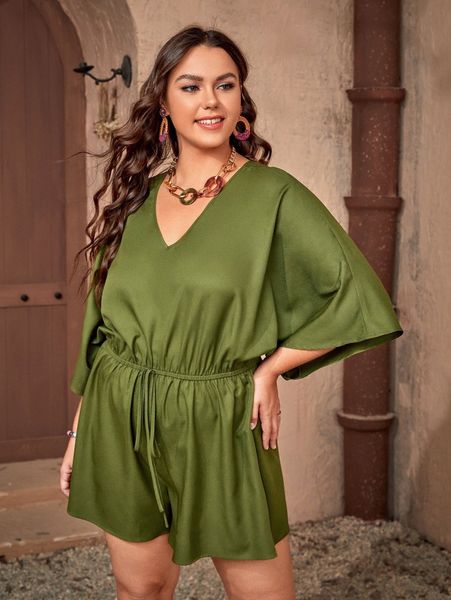

plus dolman sleeve knot front romper k4qs#, Black