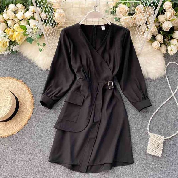 

spring autumn women's dress style big pocket collage tie waist korean commuter long sleeve short female es ll347 210506, Black;gray