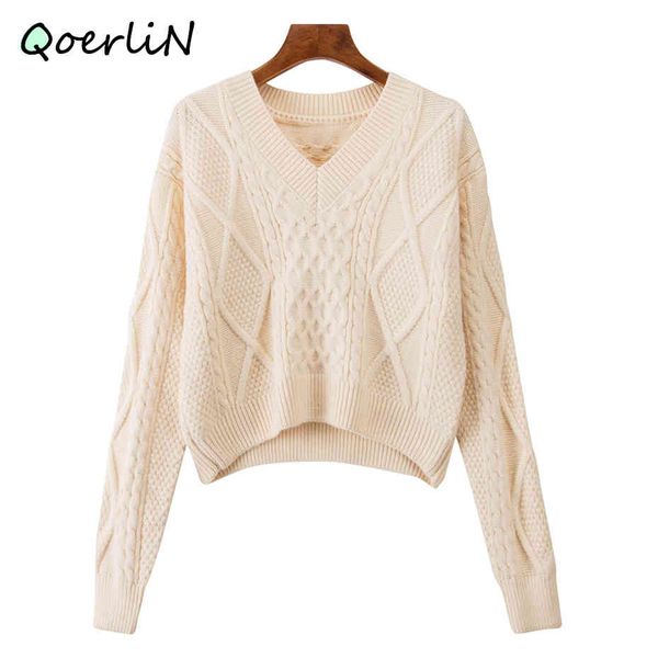 

twist solid sweater women loose knitting pullovers new chic winter knitwear sweaters retro v-neck short sweater harajuku 210416, White;black
