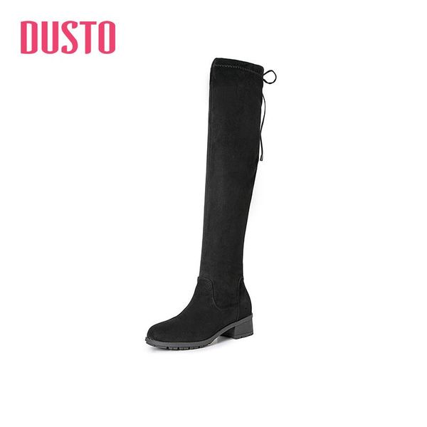 

boots dusto 2021 winter mid heel round toe over knee women's shoes, Black