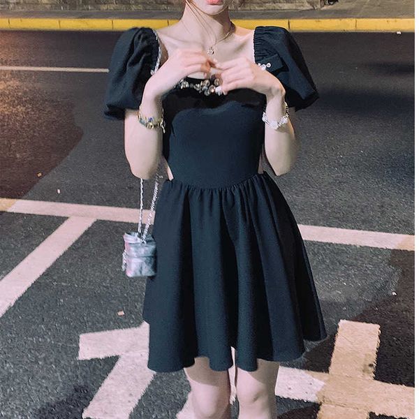 

luxury evening dress french first love sweet bubble sleeve 2021 summer waist closing slim square collar skirt, Black;gray