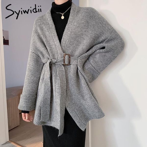 

women's knits & tees syiwidii cardigan woman sweaters fall winter 2021 fashion long sleeve v neck jackets loose knitted midi coats with, White