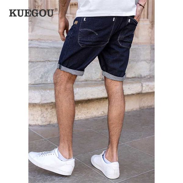 

kuegou 100% cotton clothing solid men's shorts jeans summer embroidery letter print fashion denim pants kk-3058 211011, Blue