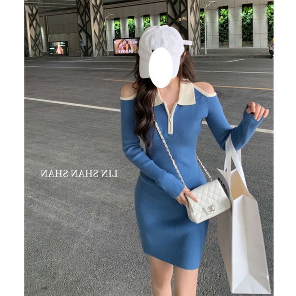 

pure desire tie girlfriend's neck hanging knitted skirt, off shoulder, slim dress, autumn style, Black;gray