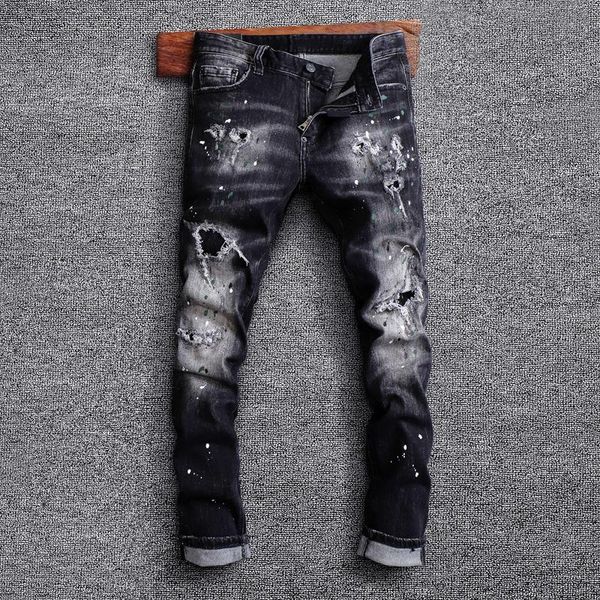 

men's jeans street style fashion men retro black gray elastic slim fit ripped splashed designer hip hop hole denim pants, Blue