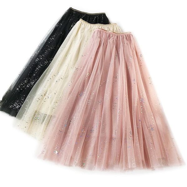 

skirts hlbcbg 2021 summer women star sequined tulle skirt elastic high waist lurex pleated chic a-line holiday beach tutu, Black