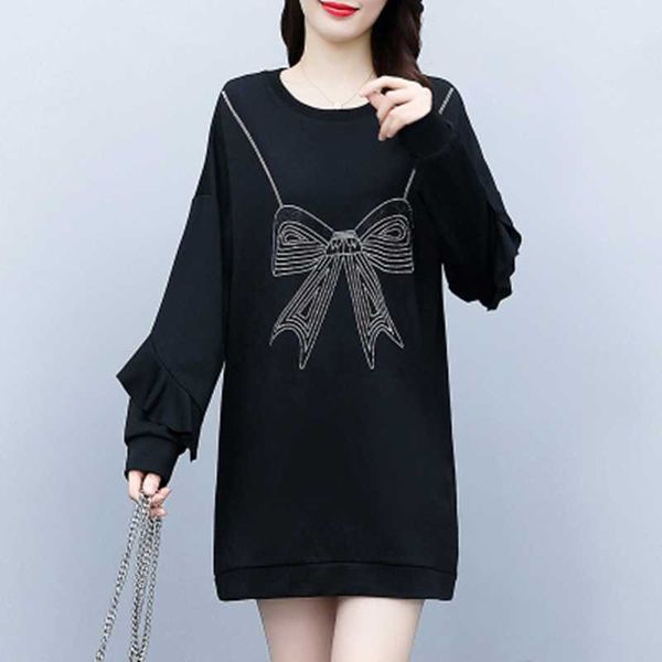 

casual dresses plus size dress 2021 autumn female style air cotton rhinestone bow tie round neck flying long sleeves vestidos de fiesta, Black;gray