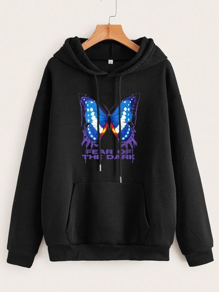 

slogan & butterfly print drop shoulder drawstring thermal hoodie a7pw#, White;black