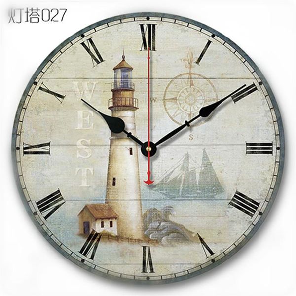 

wall clocks 12" the mediterranean european pastoral village retro living room clock simple decoration wooden lighthouse mute