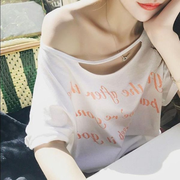 

women's t-shirt cotton summer one neck off shoulder slant loose short sleeve careful, White