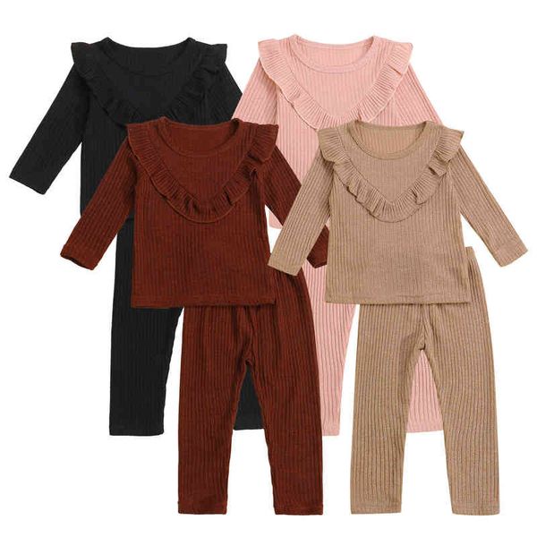 

girls autumn clothes set long sleeve ruffle pullover pants 2 pcs clothing suit cotton ribbed baby outfits kids girls clothes g220310, White