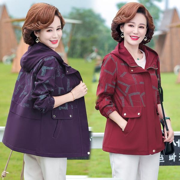 

women's trench coats spring autumn women jacket middle-aged and elderly hooded windbreaker coat mother's fashion casual printed 59, Tan;black