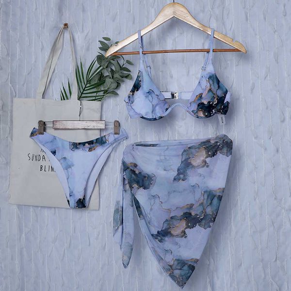 

swimwear new marble print push up bikini women swimsuit female 3-piece set v-bar wired short skirt bathing suit swim, White;black