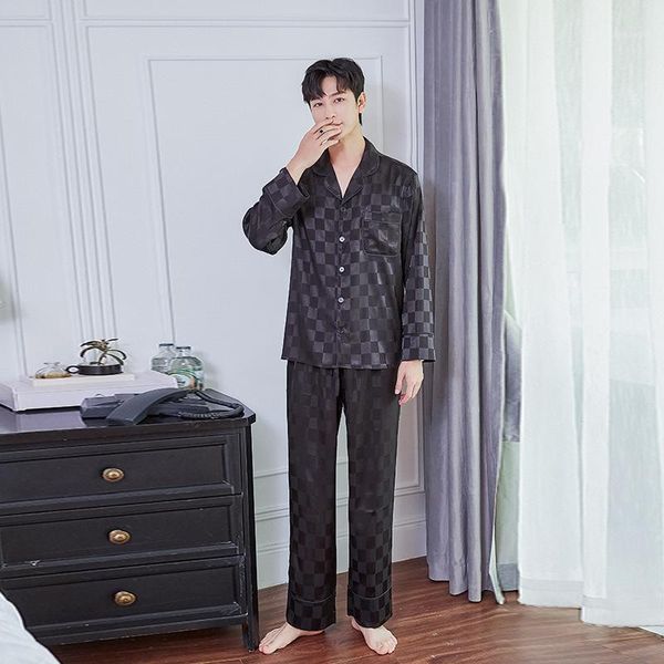 

calm black plaid silk pajama man sleepwear set men's home pajamas suit, Black;brown
