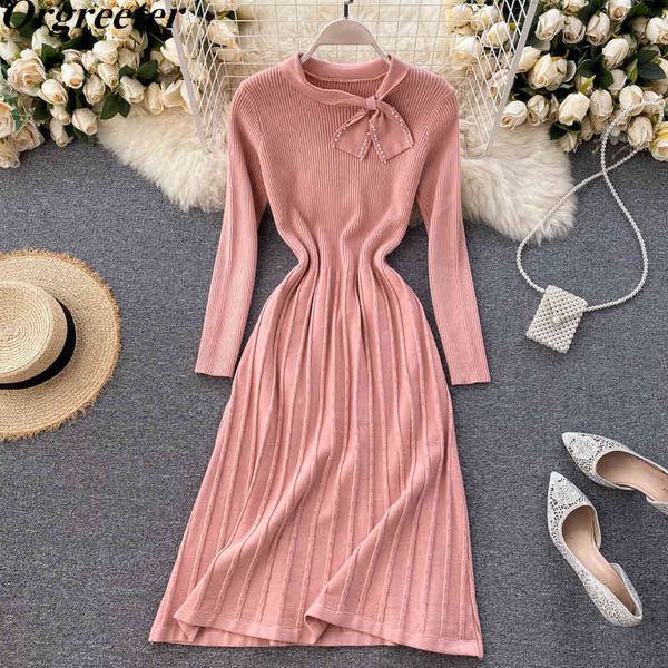 

beaded bow collar pleated autumn winter women sweet knit dress slim fit solid ladies elegant bottom party 210525, Black;gray