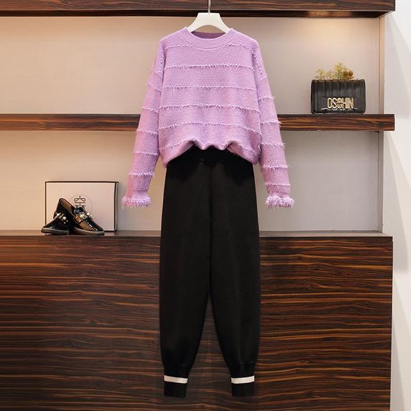 

women's tracksuits plus size autumn women sports suit 2021 fashion long sleeved sweater and elastic knitted pants two piece setst, Gray