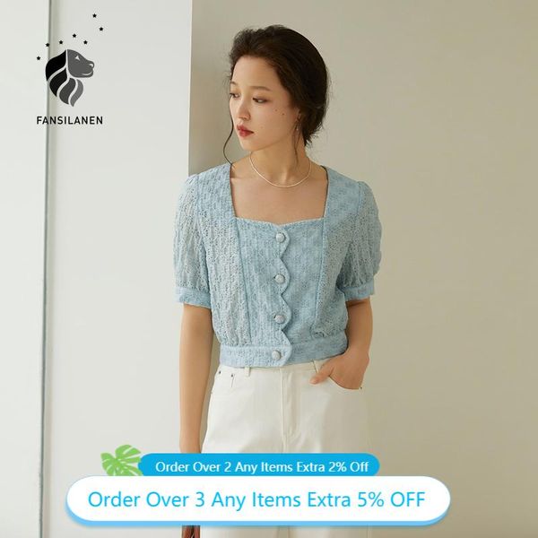 

women's blouses & shirts fansilanen office lady french square collar shirt summer 2021 short sleeve blue puff drop, White